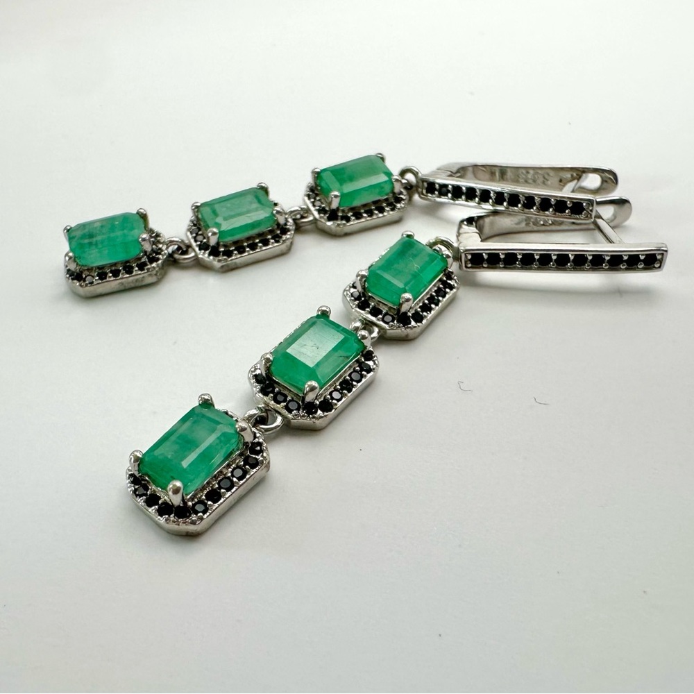 BRAND NEW Emerald Dangle Earrings, Green Emerald, Black Spinel, Sterling Silver